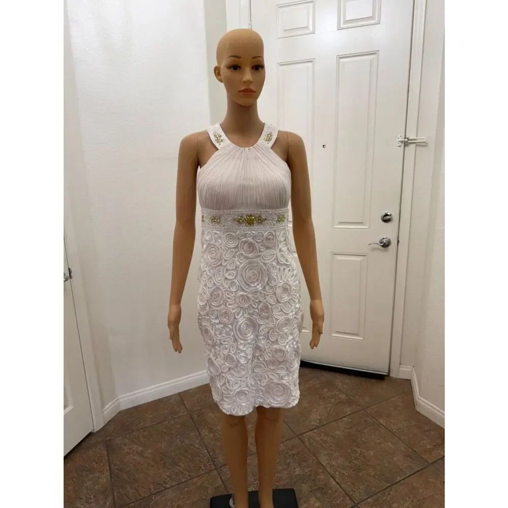 Xscape Size 6 White Ivory 💯% Silk Embellished Beaded Sequined Halter Midi Dress